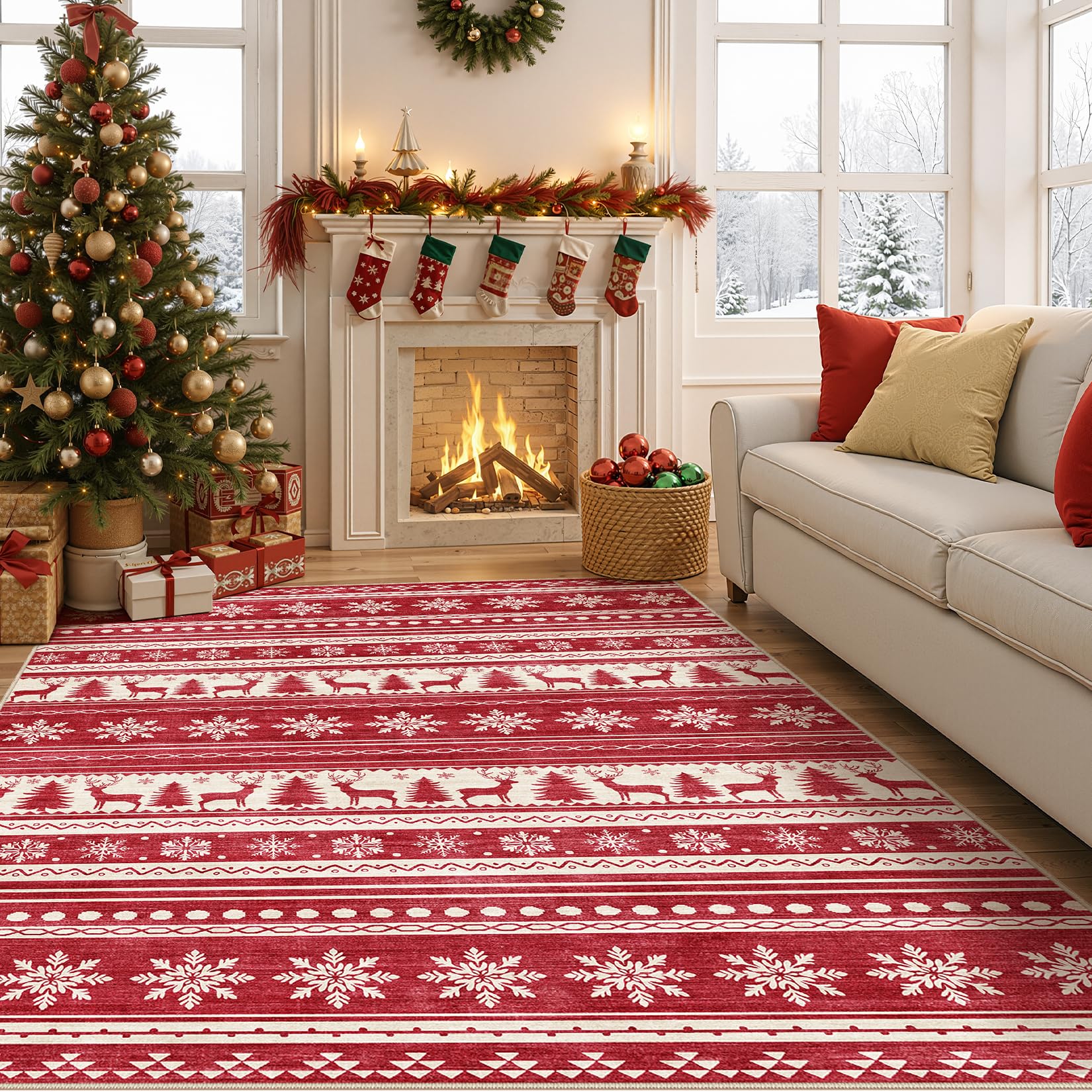 Large Christmas Living Room Area Rug 5x7: Soft Machine Washable Farmhouse Rugs for Bedroom Under Dining Table - Non-Slip Neutral Morden Indoor Floor Rug Carpet for Home Office Decor - Red Image
