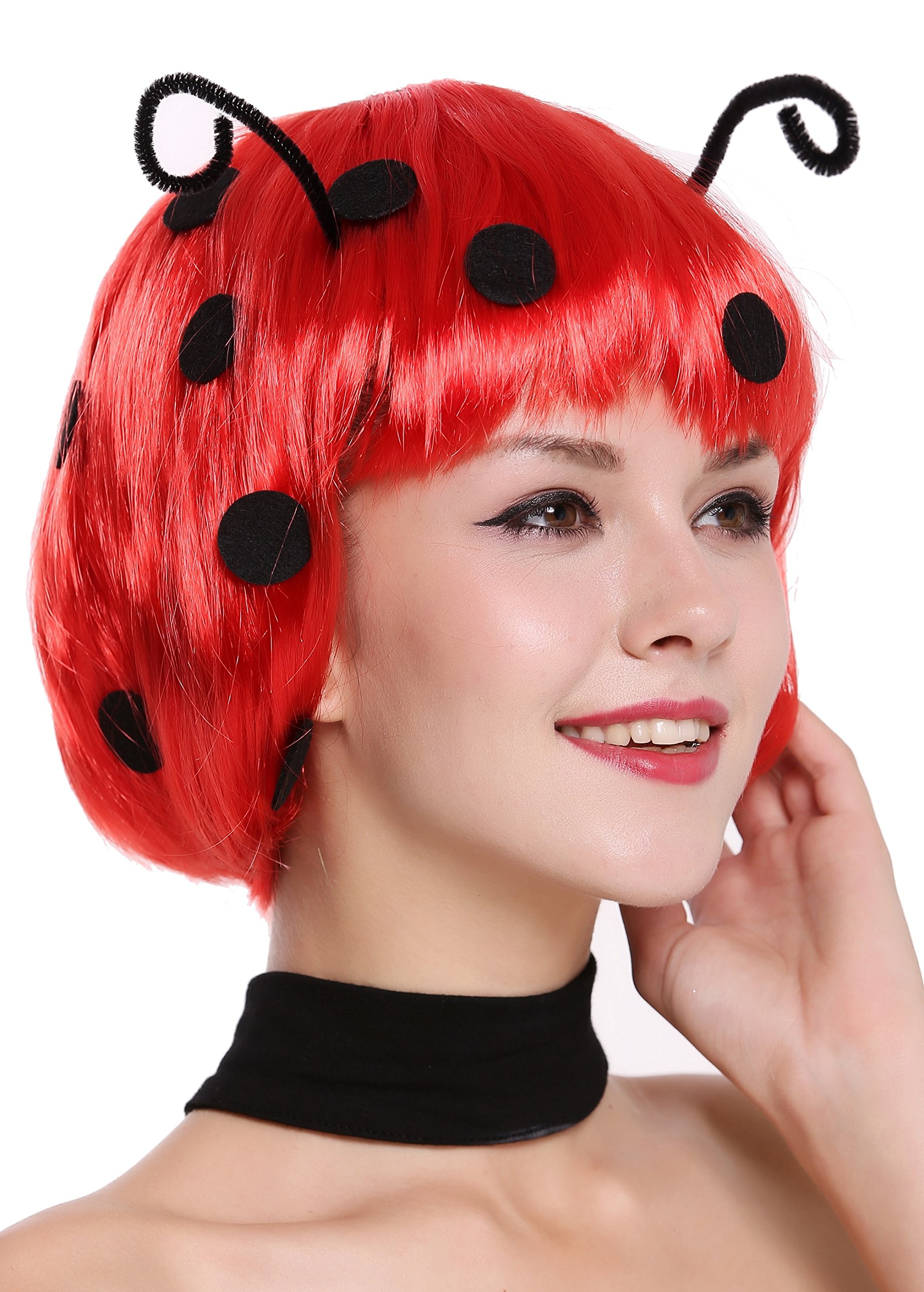 WIG ME UP - 91574-ZA13 Super Cute Lady Party Wig Halloween Ladybug Ladybird red Bob black dots antennas โ image 1