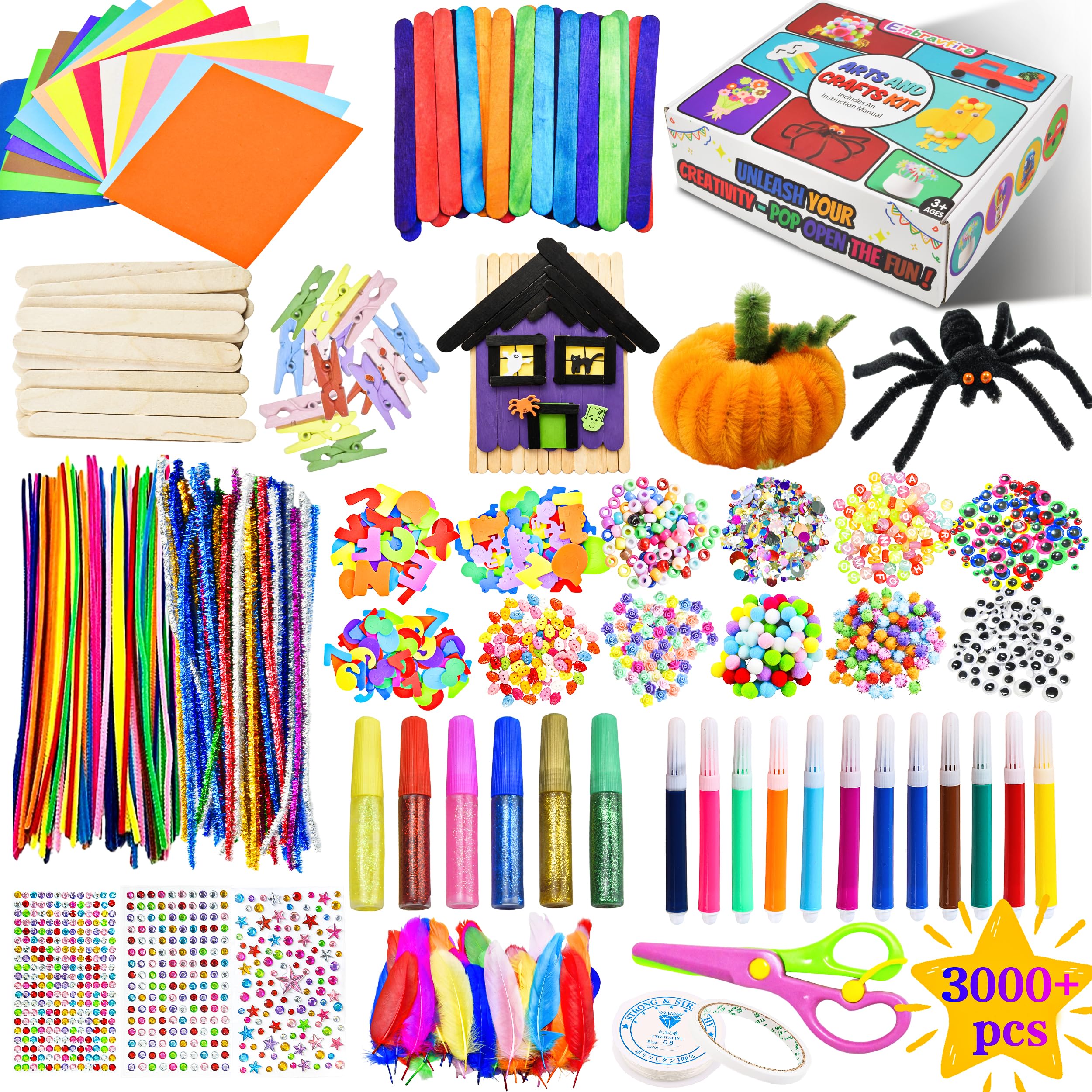 3000+PCS Arts and Crafts for Kids Craft Gift Set with Pom Poms, Markers,Feathers, Beads, Eyes, Pipe Cleaners, Art and Craft Supplies DIY Birthday Halloween Christmas Craft Kits for Kids