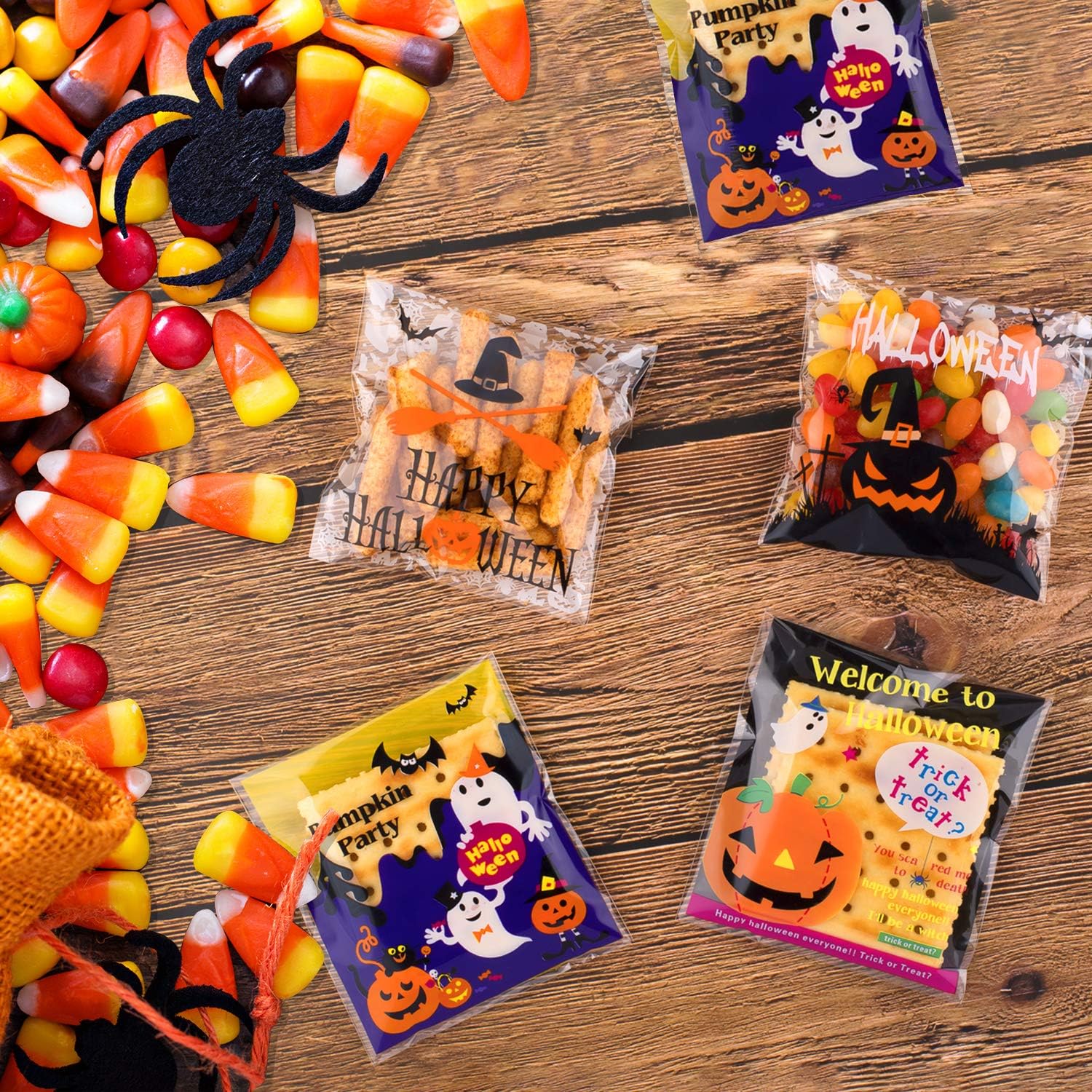 Whaline 400Pcs Halloween Candy Bag, Self Adhesive Clear Cookie Treat Bags, Cellophane Plastic Gift Bags for Halloween Party Supplies, Homemade Craft, Snack Gift Packing (8 Styles): Toys & Games