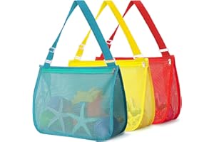 YEGEER 3 Pack Large Beach Shell Bags for Kids, 12.6"x9.8" Beach Mesh Bags for Collecting Shell and Sand Toys, Bigger Seashell Bag Summer Beach Accessories for Boys Girls
