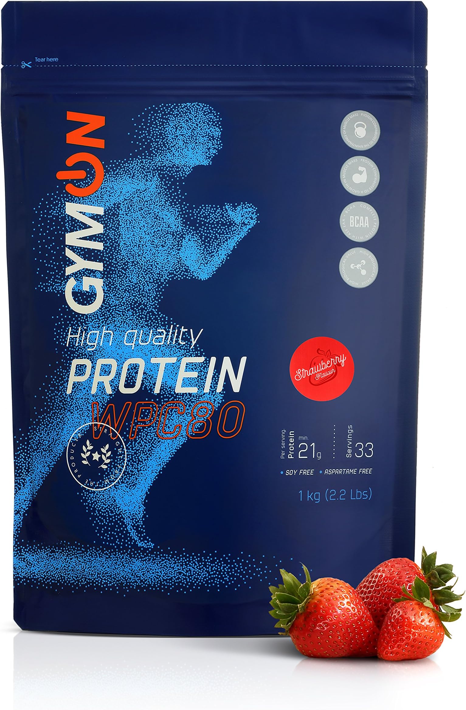 GYMON Whey Protein Concentrate Powder for Protein Shakes WPC80 1 kg Strawberry Flavour