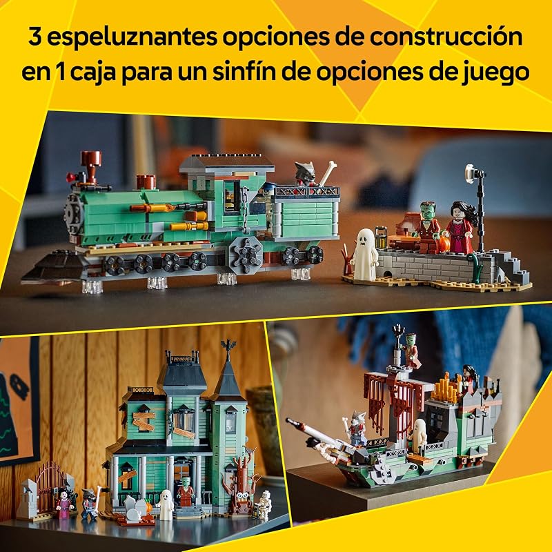 Criador 3 em 1 Haunted Mansion - Casa de Brinquedos Interativa Transformável em Navio Fantasma ou Comboio - 5 Minifigures Inc. Frankenstein e Lobisomem - Presente para Rapazes e Raparigas 9+ Anos 31167