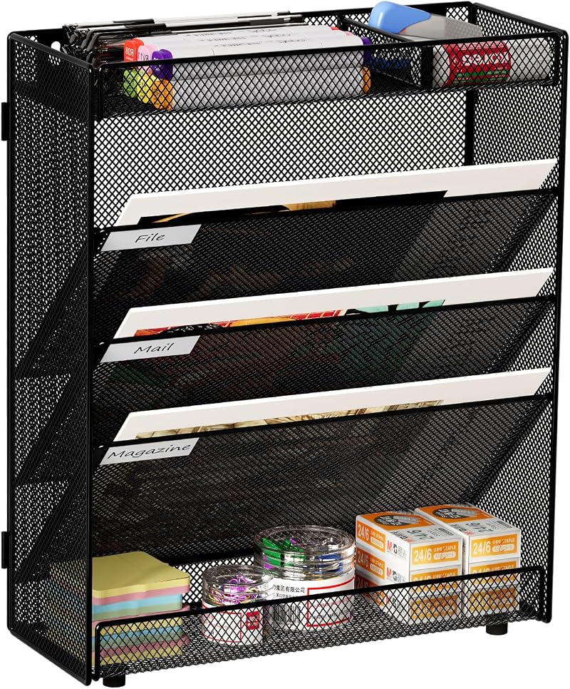 EasyPAG 5 Tier Wall File Organizer A4 Mesh Desk In Tray Holder Black