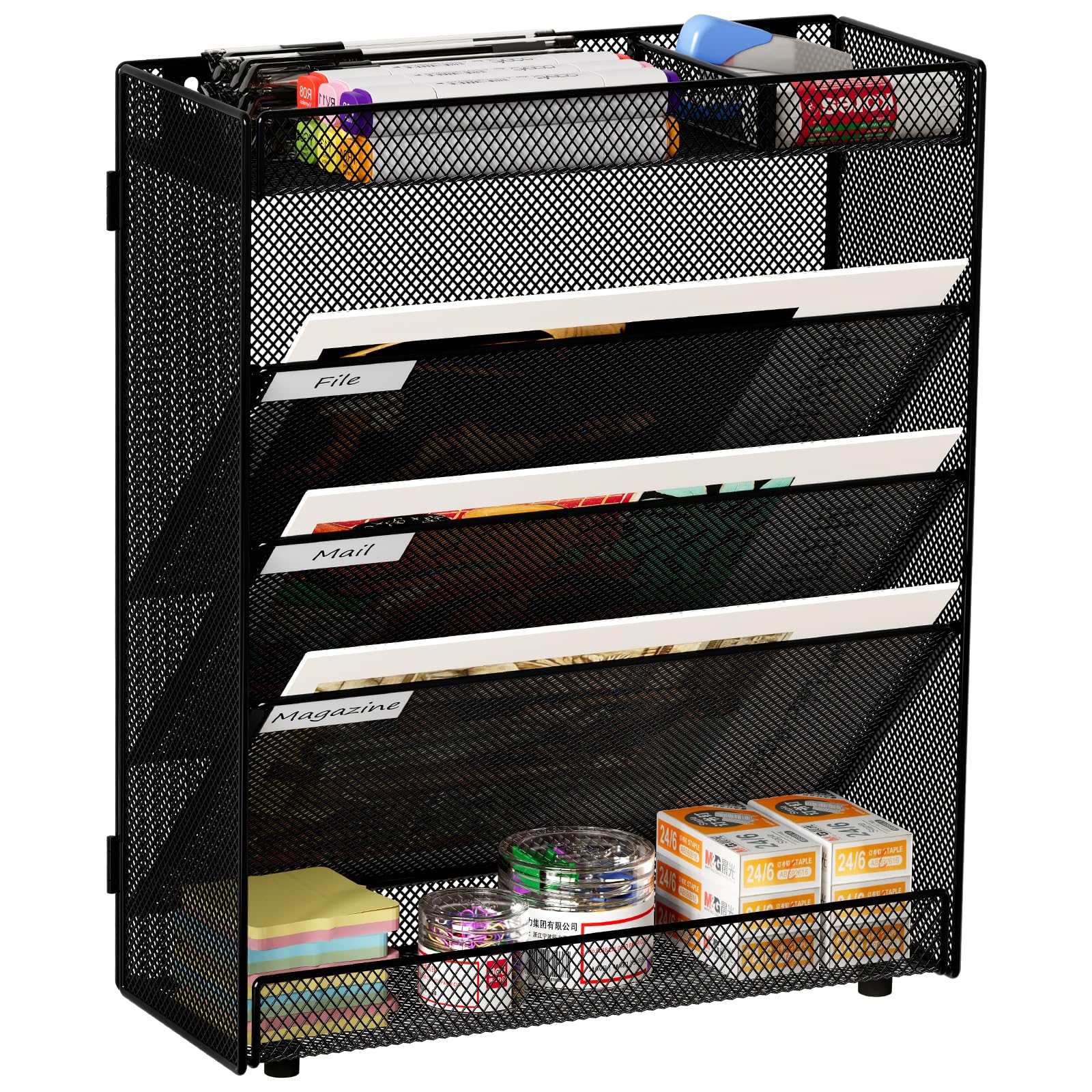 EasyPAG 5 Tier Assemble A4 Mesh in Tray Hanging Wall File Holder Mail Organiser Magazine Storage Desk Stationery Tidy Rack,Black