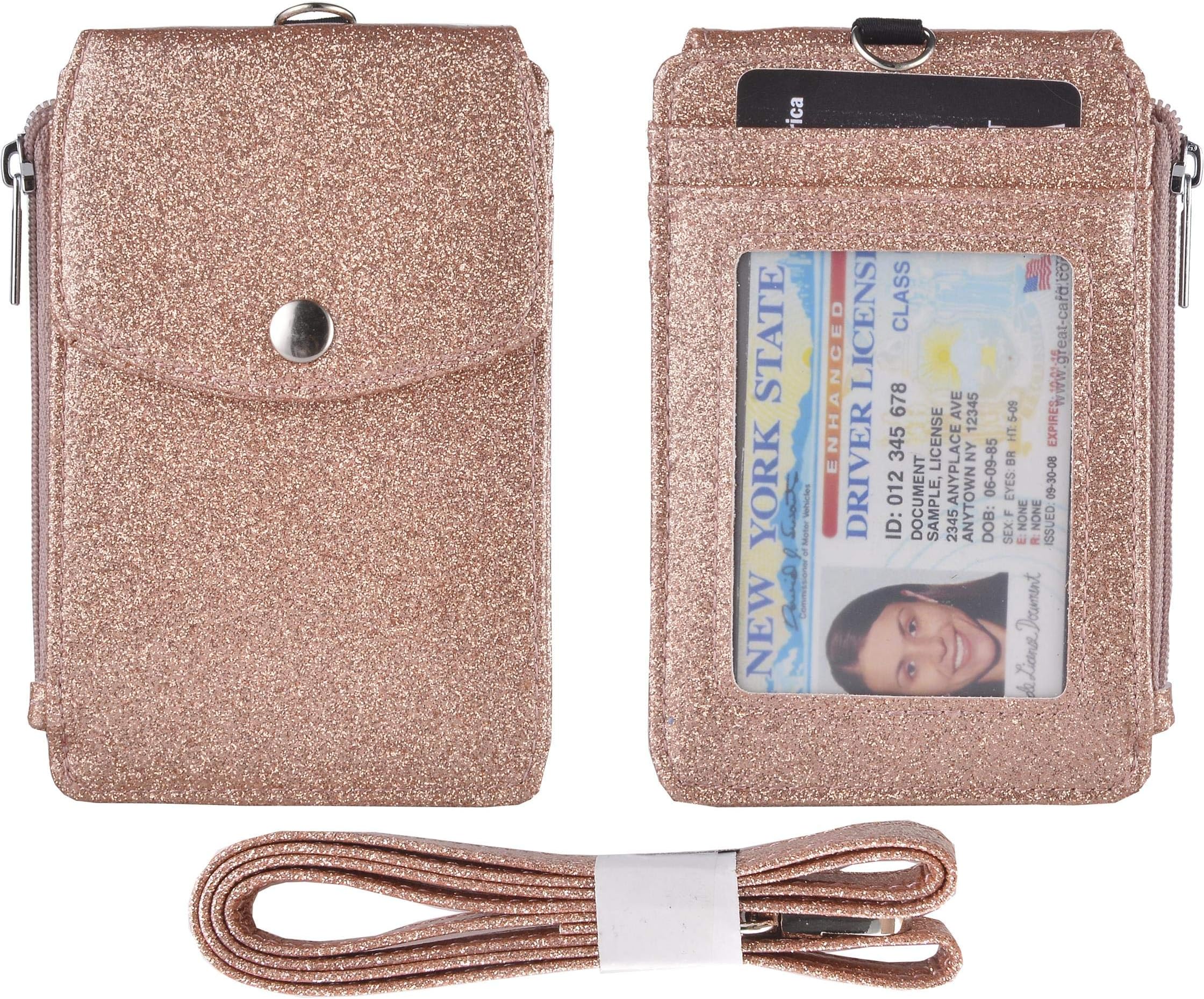 Woogwin Leather Badge Holder with Lanyard, ID Card Holder Wallet,1 Side Zipper Pocket, 4 Card Slots, 1 ID Window,1 Heavy Duty Leather Lanyard (Stargold)