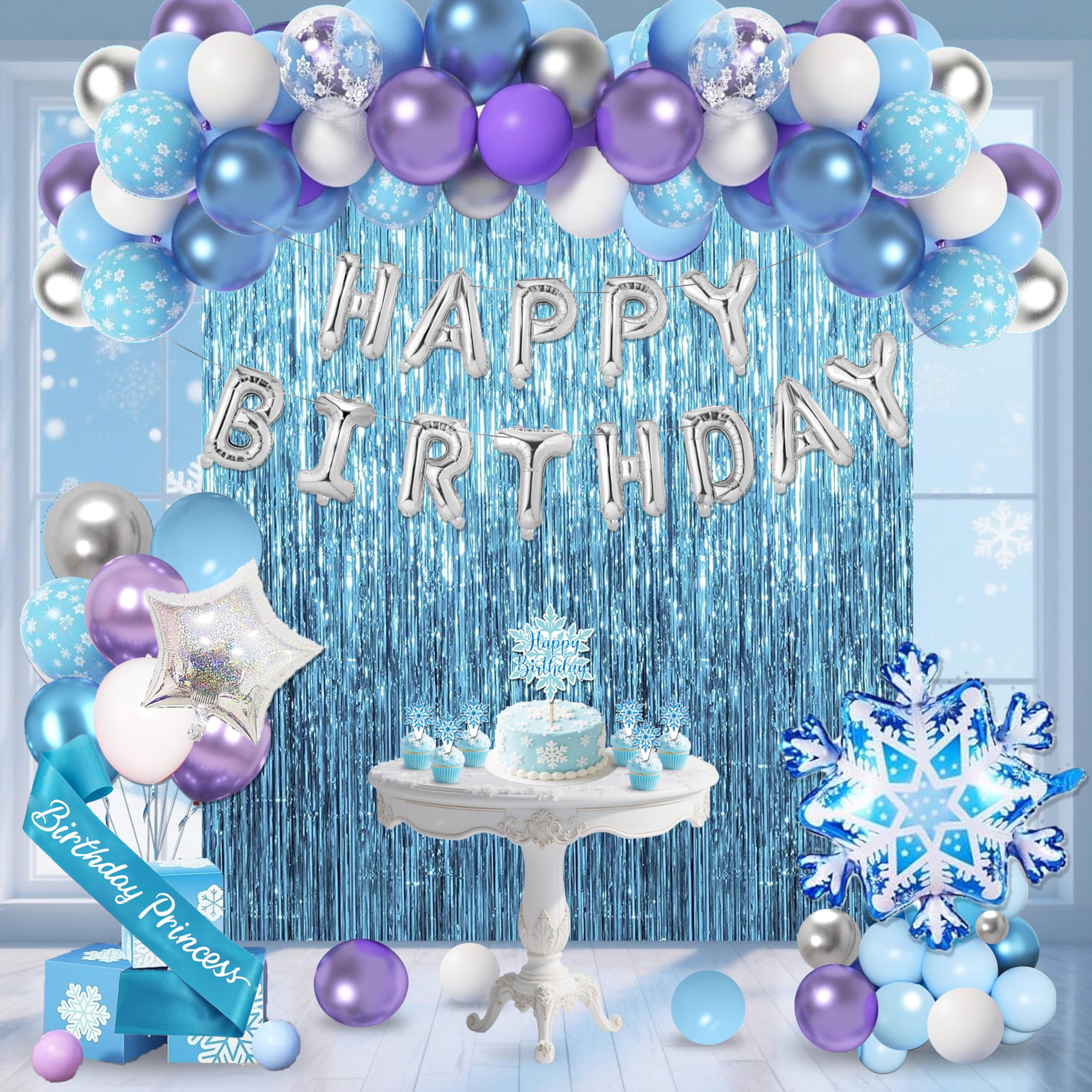 Photo 1 of Snow Birthday Decorations for Girls,Fringe Curtains Happy Birthday Banner,Red balloons,Cake Toppers for women