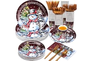 Hsei 350 Pcs Christmas Party Supplies Holiday Christmas Trees Balls Snowman Pine Cones Party Tableware Set Disposable Plates Napkins Paper Cups Plastic Cutlery for Xmas Serves 50(Xmas Snowman)