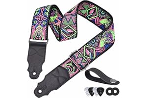 YIKOKO Guitar Strap, Head Layer Cowhide Leather End, 2 Inches Wide, for Acoustic and Bass Electric Guitars, Free Button, 2 Strap Locks and 4 Guitar Picks