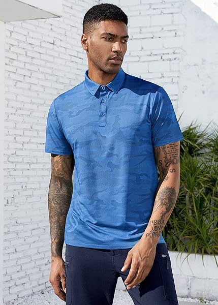 DERMINPRO MEN’S CAMOUFLAGE POLOS SHORT SLEEVE QUICK DRY COLLARED GOLF SHIRTS BLUE CAMO SMALL