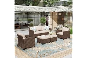 HERA'S HOUSE Patio Furniture Sets, Outdoor Wicker Furniture with Ottomans, 5 Pieces Outdoor Sofa Couch Conversation Set with Cushioned Rattan Chairs for Garden Poolside Backyard, Beige