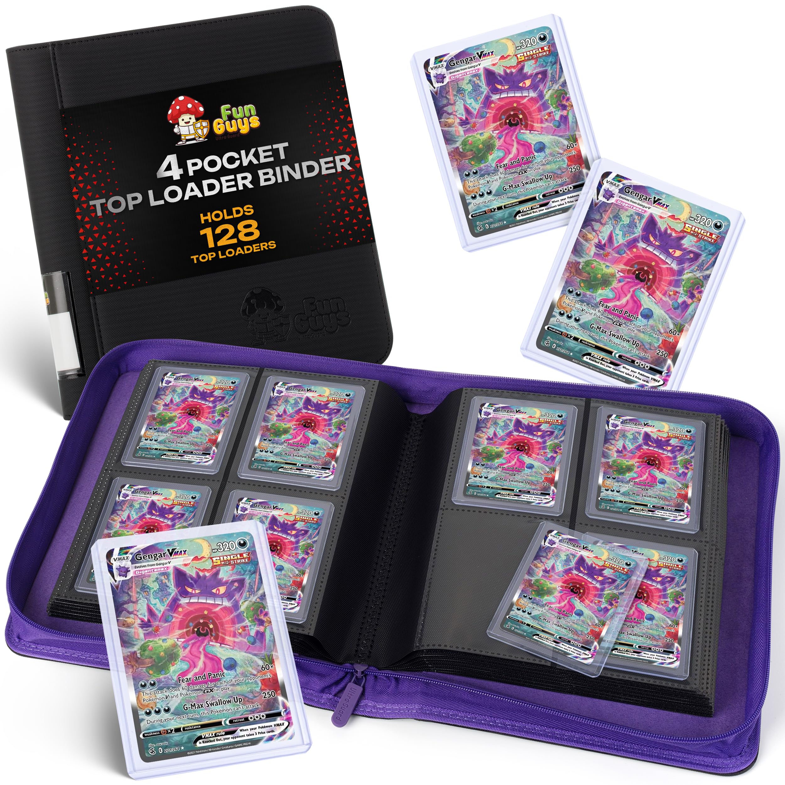 FunGuys Toploader Binder, Trading Card Binder Storage,128 4 Pocket Top Loader Pokemon Binder, Card Collection for Yugioh, MTG, TCG, Card Folders for Trading Cards