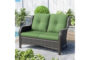 Gardenbee Patio Loveseat 2-Seat Wicker Sofa Outdoors - Deep Seating and Soft Cushions, for Porch Deck Balcony, Hand-Woven Mixed Rattan, Green