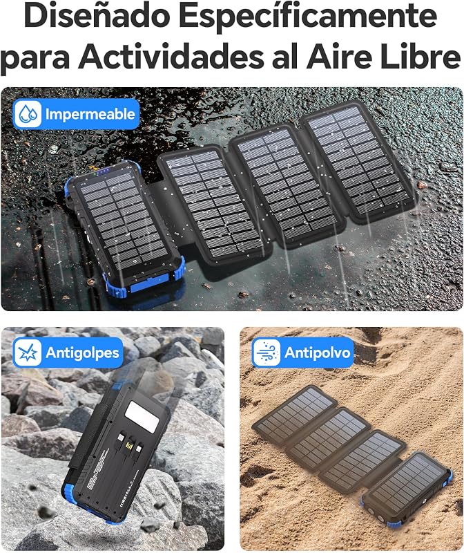 Power Bank Solar de 20000mAh con 4 Paneles Solares y 3 Cables — foto 5 de 8