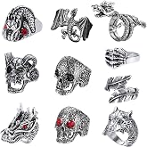 FIASASO 10 Pcs Gothic Rings for Men Skull Dragon Punk Ring Adjustable Cool Goth Mens Ring Set Vintage Grunge Rings