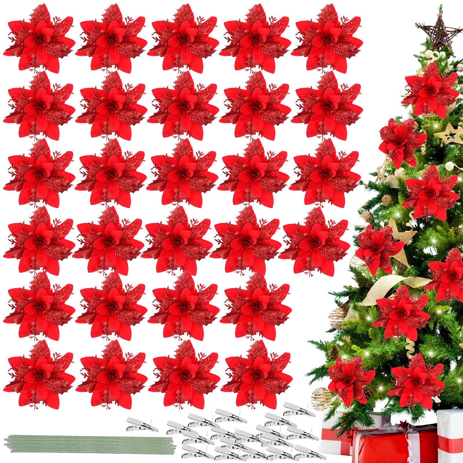 28 Pcs 6.3 Inch Artificial Poinsettias Christmas Glitter Flowers Poinsettia Flowers Artificial Xmas Flowers with 28 Pcs Sticks&28 Pcs Clips Wedding Christmas Wreath Christmas Tree New Year Ornaments