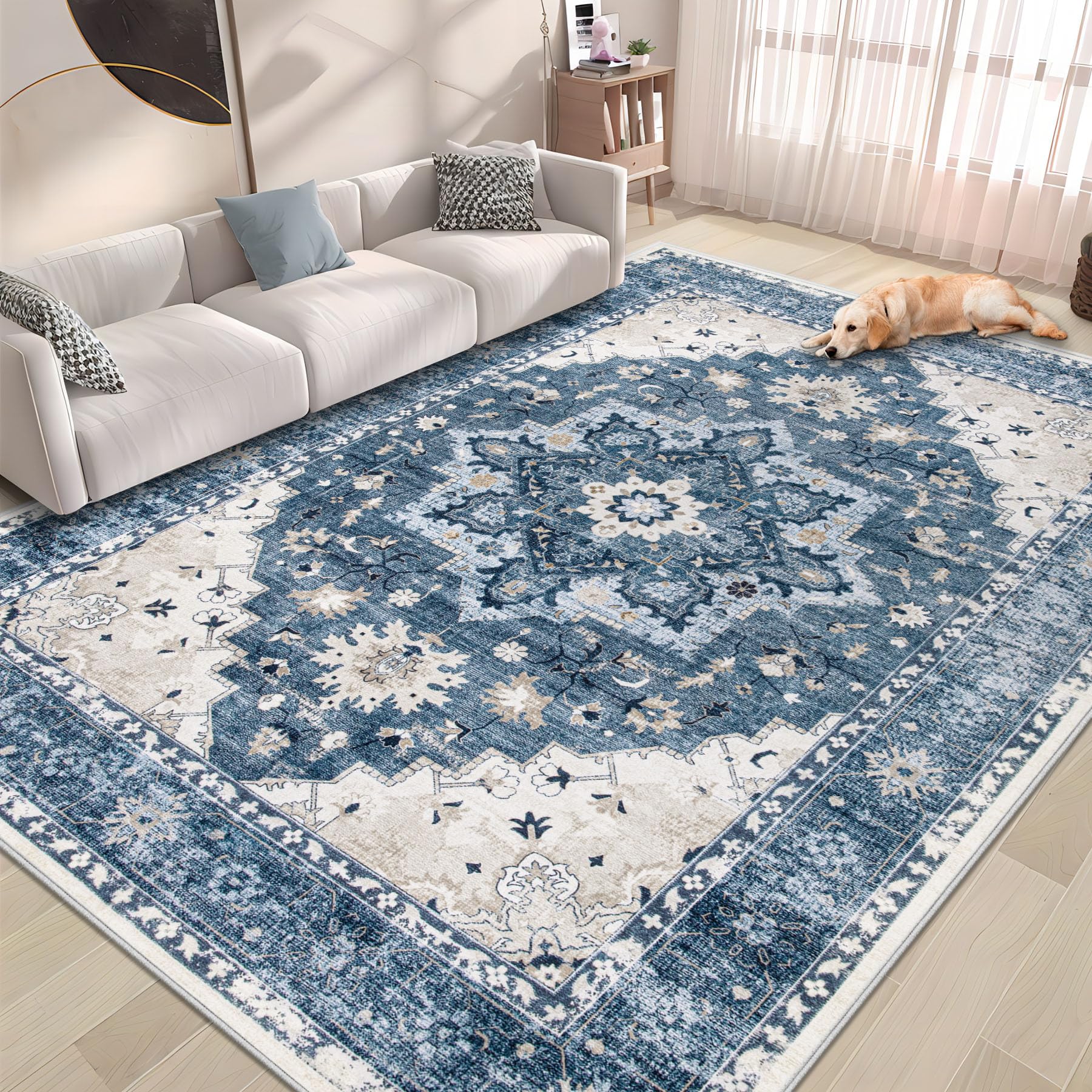 Photo 1 of Area Rug 6x9 Vintage Rug: Washable Indoor Medallion Rugs Low Pile Distressed Floor Carpet Retro Accent Rug for Living Room Bedroom Kitchen Dining Table Home Office(Blue, 6'x9')