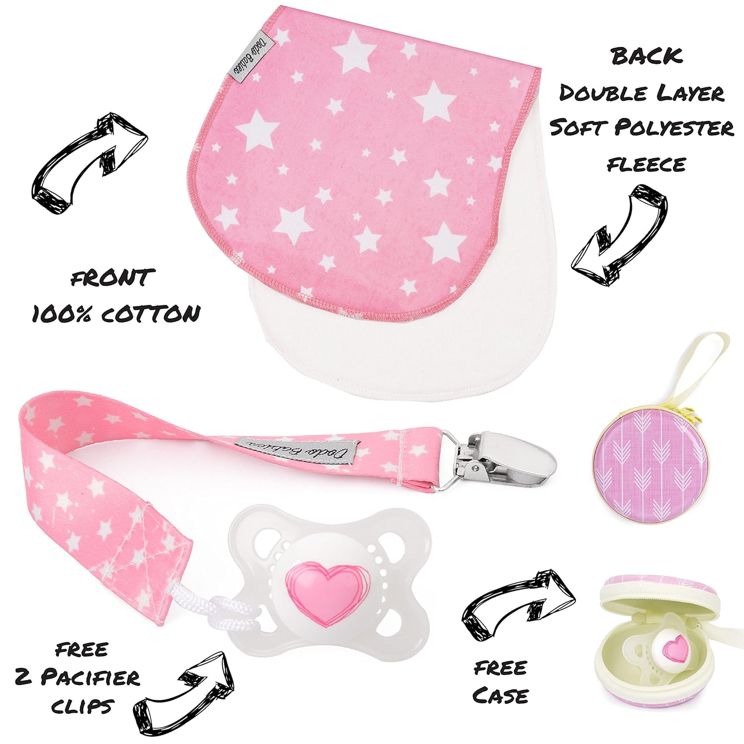 Baby Burp Cloths Pack of 5 by Dodo Babies + 2 Pacifier Clips + Pacifier Case, Premium Quality for Girls Soft and Absorbent, Excellent Baby Shower/Registry Gift: Baby