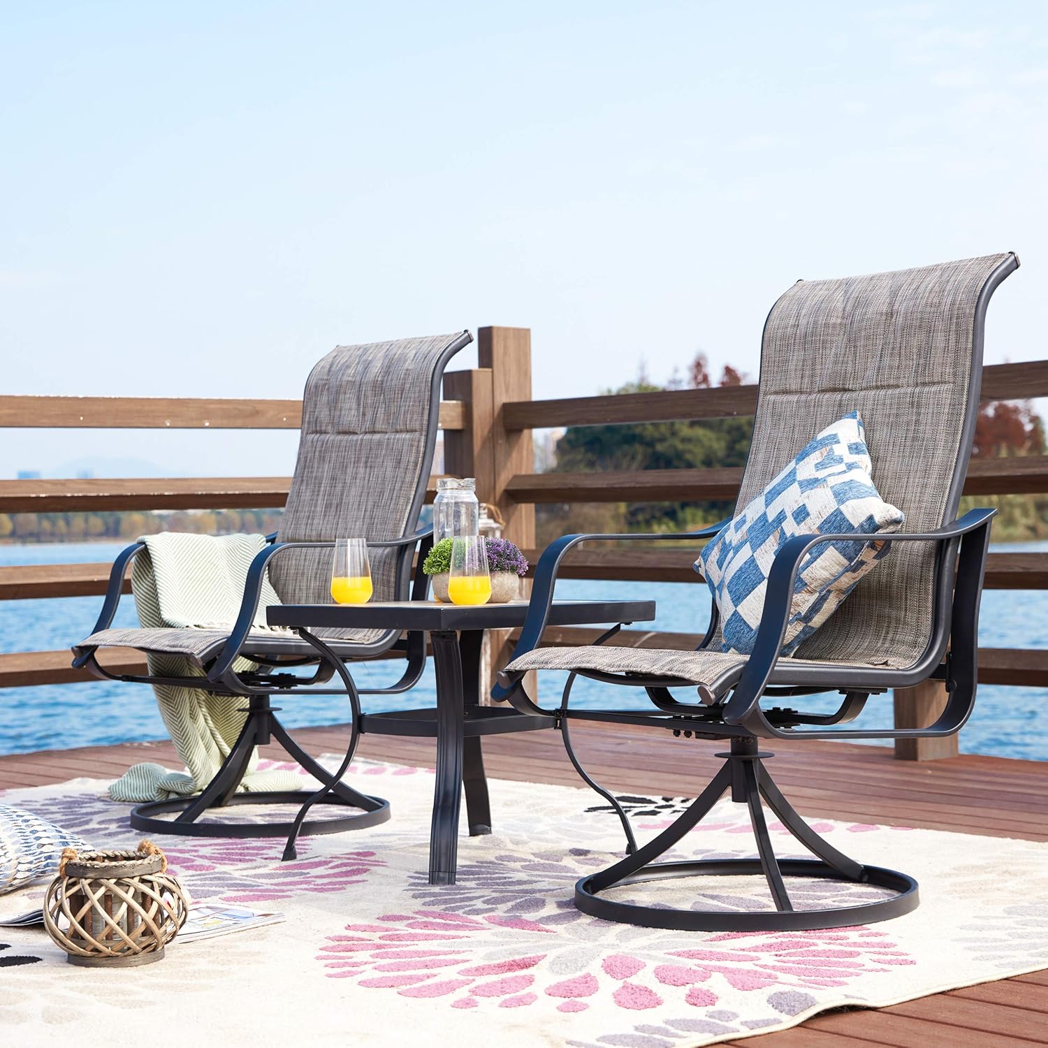 LOKATSE HOME 3 Piece Patio Rocking Set with 2 Outdoor Swivel Chairs and 21" Square Dining Table, Grey : Garden & Outdoor
