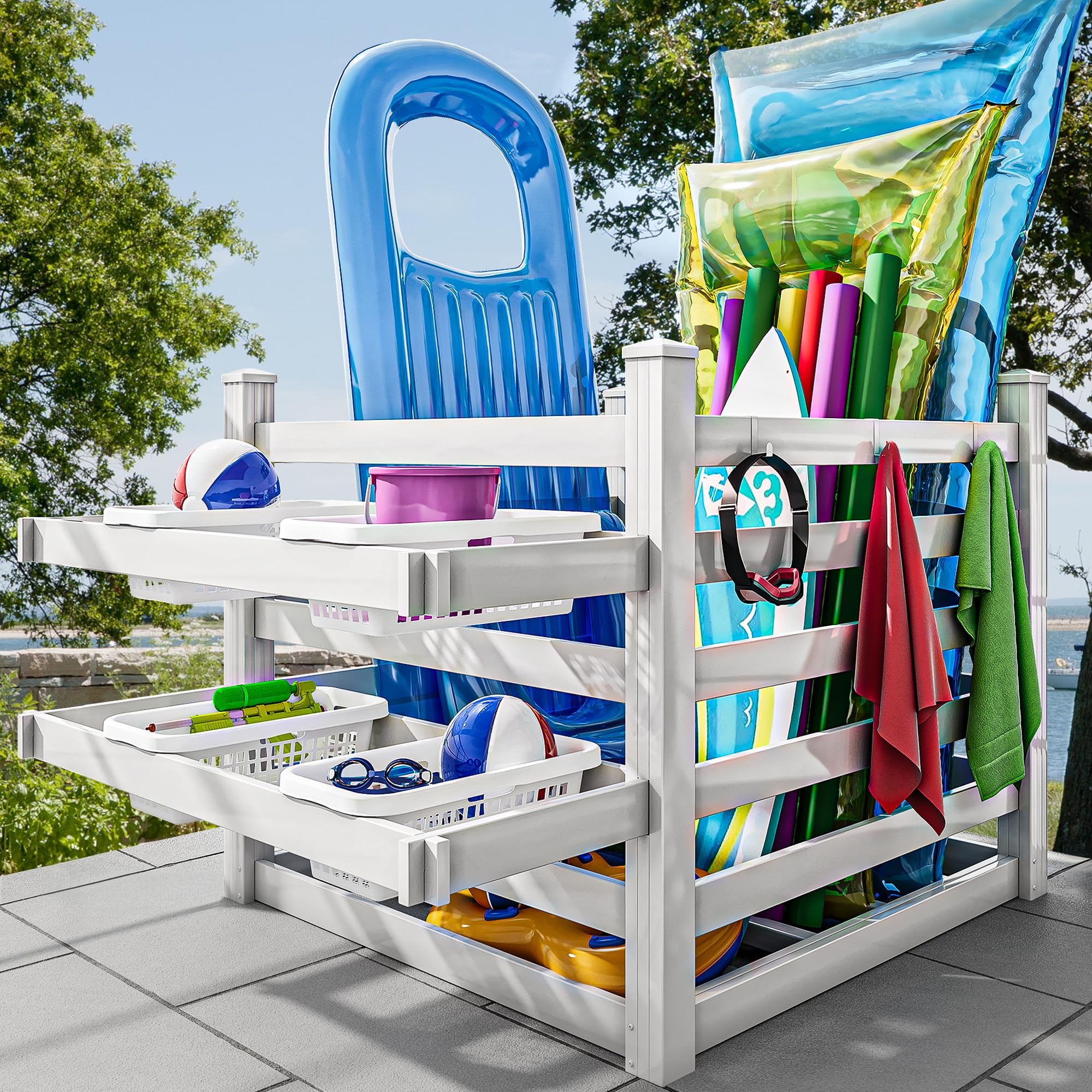 Photo 1 of ***MISSING PARTS***YITAHOME Pool Storage Bins with Towel Rack & 6 Moveable Hooks, Large Pool Noodle Holder Organizer, Outdoor Waterproof Poolside Float Storage for Goggles, Beach Balls, Floats Equipment