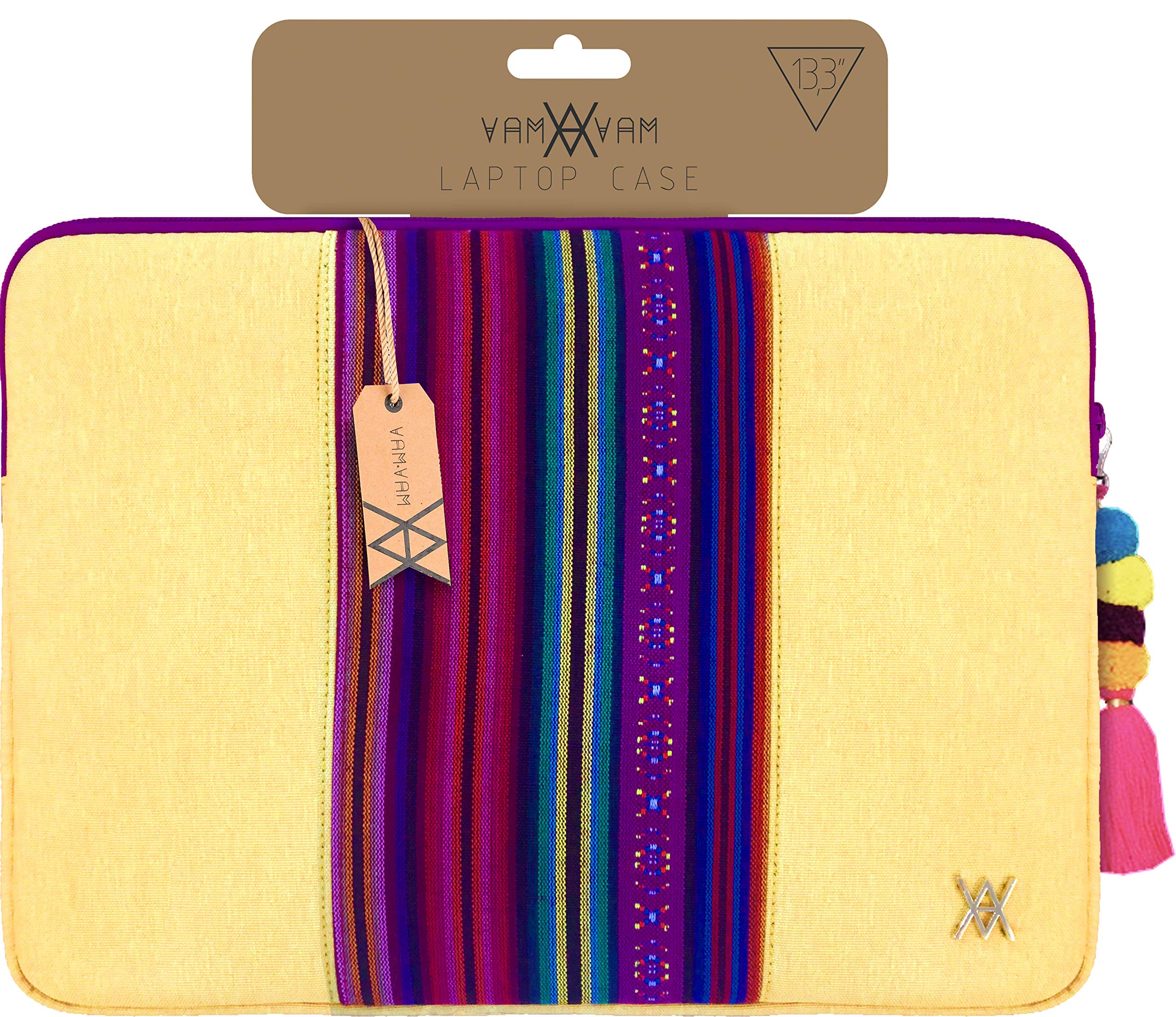 VAMVAM by Wondee Laptop Sleeve Up to 14" Yellow with Ethnic Style Colored Fabric Center Decorative Strip, Padded and Reinforced Zipper