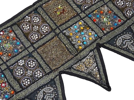 Novahaat Black Handmade Window Valance Ethnic Toran - Kundan and Bead Sari Patchwork Hand Embroidered Bohemian Door Topper from India ~ 60 Inch X 20 Inch