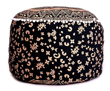 Blue Gold Ombre Mandala Printed Traditional Ottoman Pouf Cove Cotton Floor Footstools Cover by Handicraft-Palace