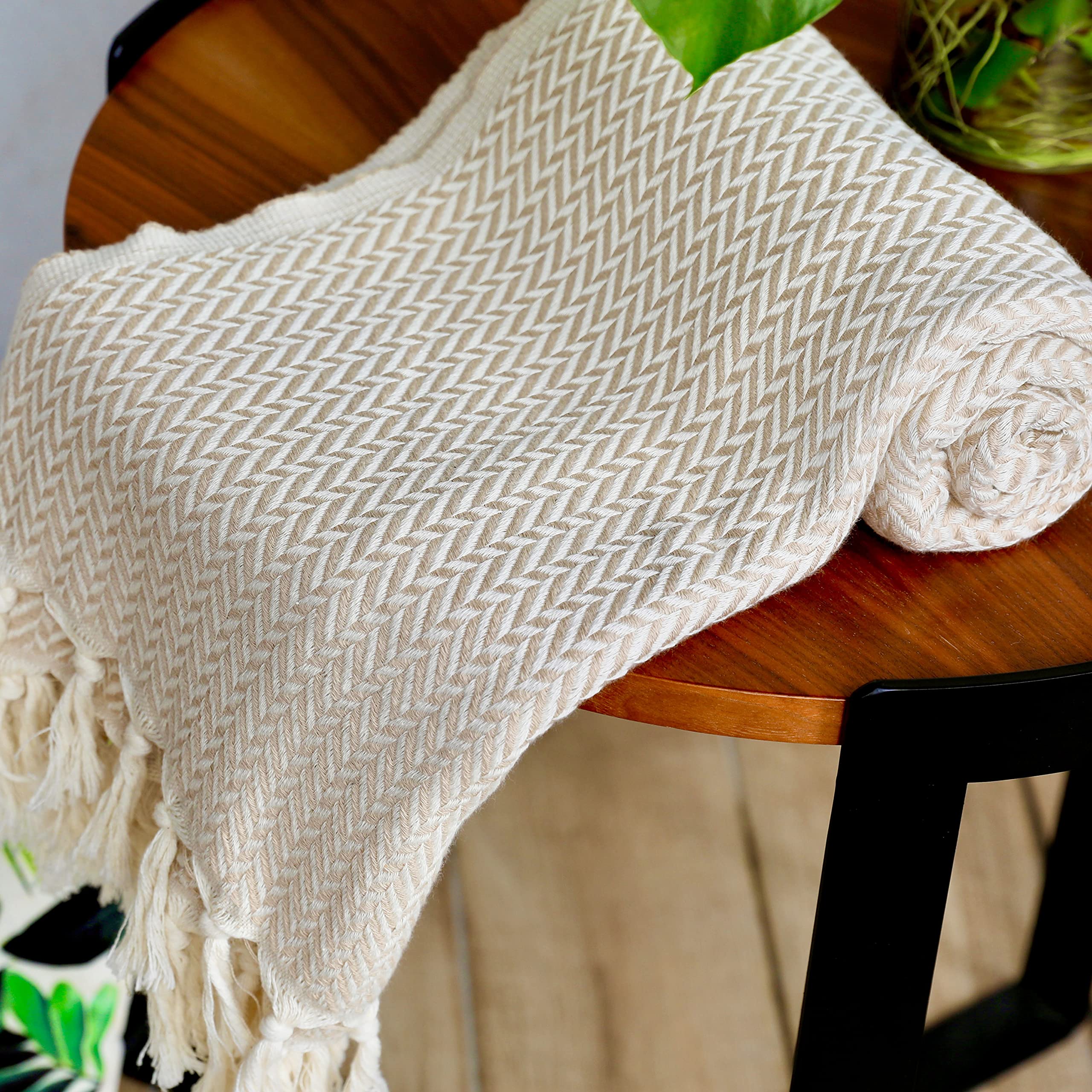 Luxury Boho Fringe Throw Blanket Decorative Lightweight 100% Cotton |40”x71”| for Bed Chair Couch Sofa Outdoor, Farmhouse Rustic Decor Turkish Throw + Evil Eye Beach Bath Spa Gym Yoga Picnic (Cream)