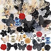Kikonoke 350 Pieces 3D Resin ABS Colorful Rose Flower Bows Butterfly Charms with Flatback Half Round Pearl Beads for Bracelet Earring Necklace Craft DIY Making Supplies
