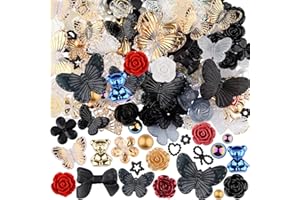 kikonoke 350 Pieces 3D Resin ABS Colorful Rose Flower Bows Butterfly Charms with Flatback Half Round Pearl Beads for Bracelet Earring Necklace Craft DIY Making Supplies (Black)