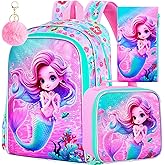 KLFVB 3PCS Mermaid Backpack, Water Resistant Kids Bookbag with Lunch Box for Girls, 16" Preschool Backpacks for Elementary - Mermaid Pink