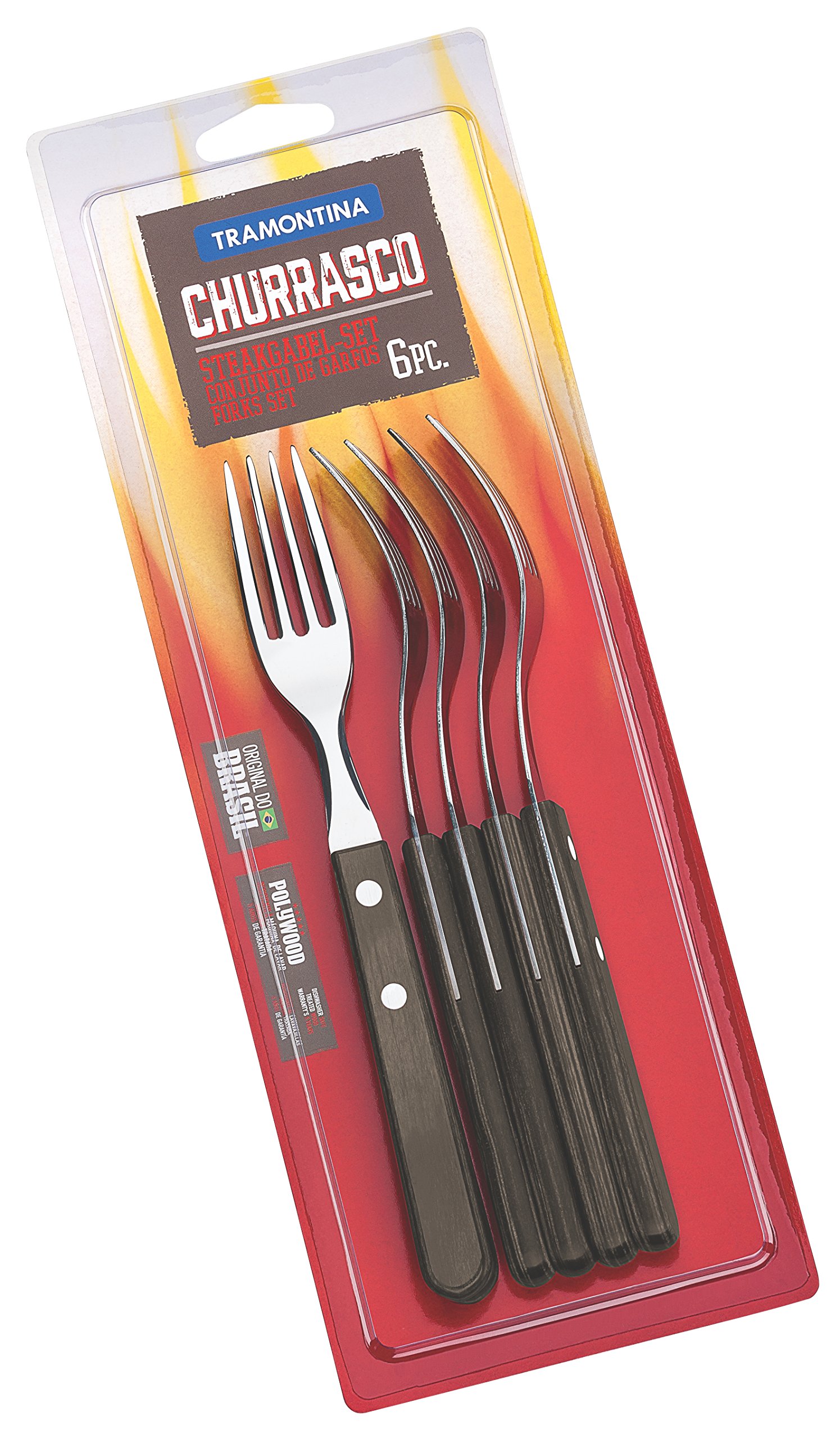 Tramontina Steak Forks, 6 Pcs. Fork Cutlery Set with Wooden Handles, Brown, ‎Camping, Kitchen, Rustic, Dishwasher Safe, 29899161