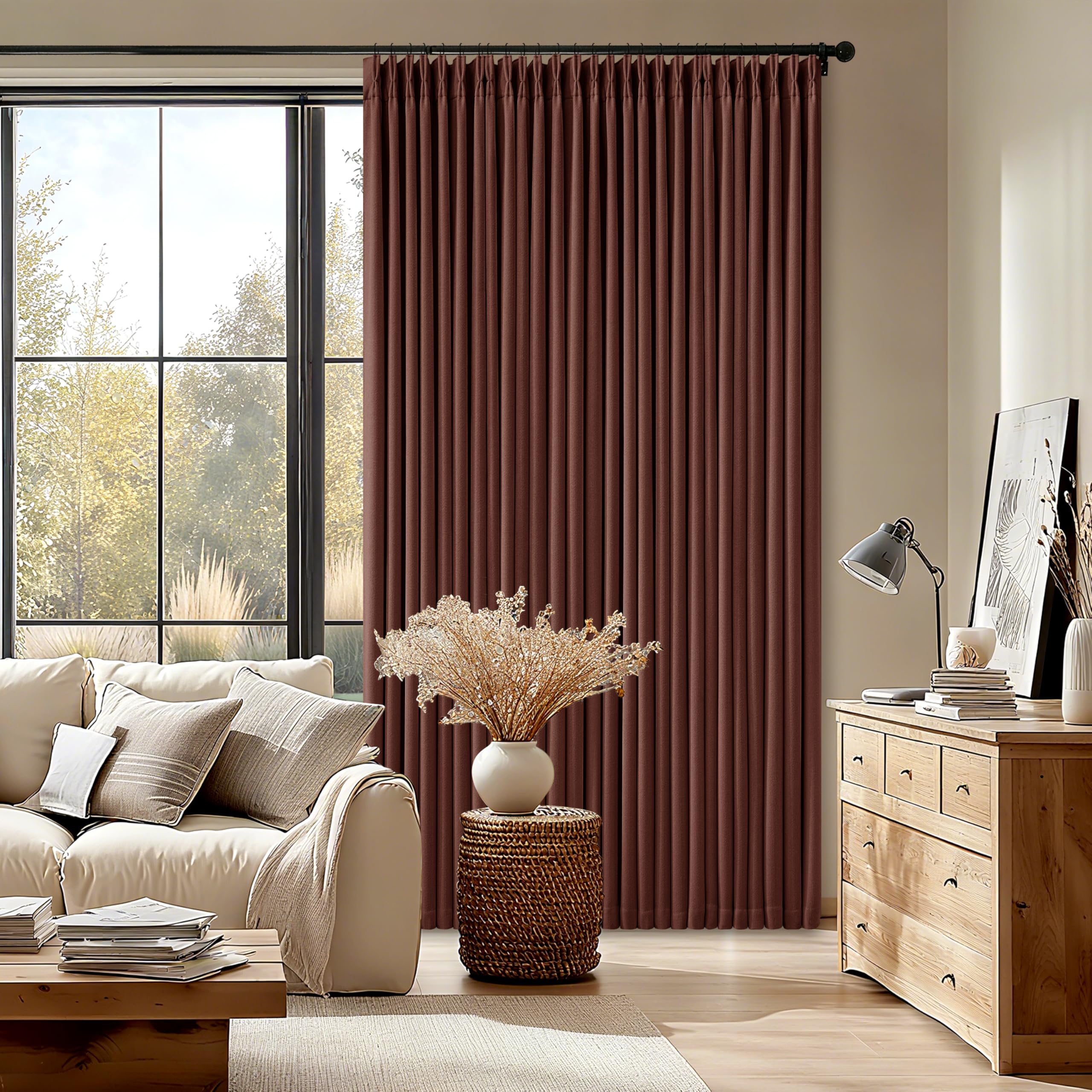 Photo 1 of Maroon Blackout Pinch Pleated Linen Curtains 105 Inches Long for Living Room 2 Panels Thermal Insulted Dual Layer Drapes Ceiling Floor 105 Inch Window Curtains Bedroom Chestnut Reddish Brown