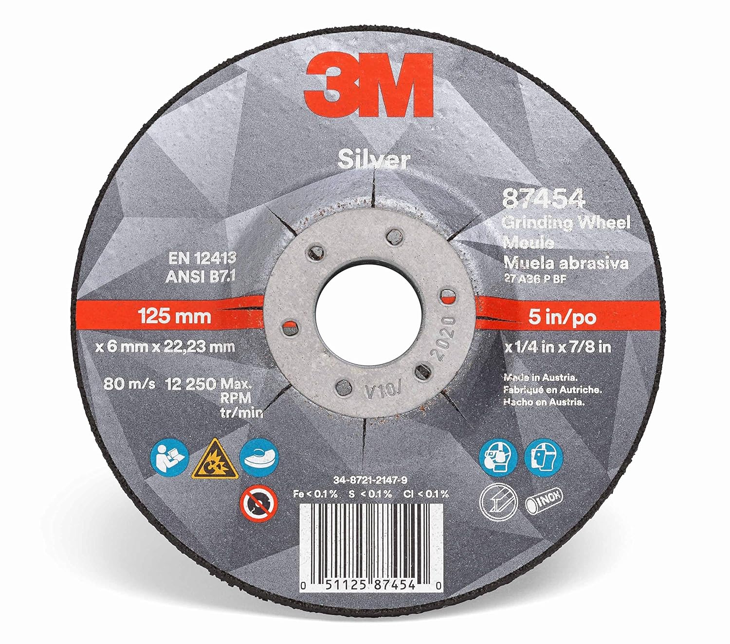 3M Silver Grinding Wheel AB87454, 5 in x 1/4 in x 7/8 in, Type 27 - Total 10 Wheels