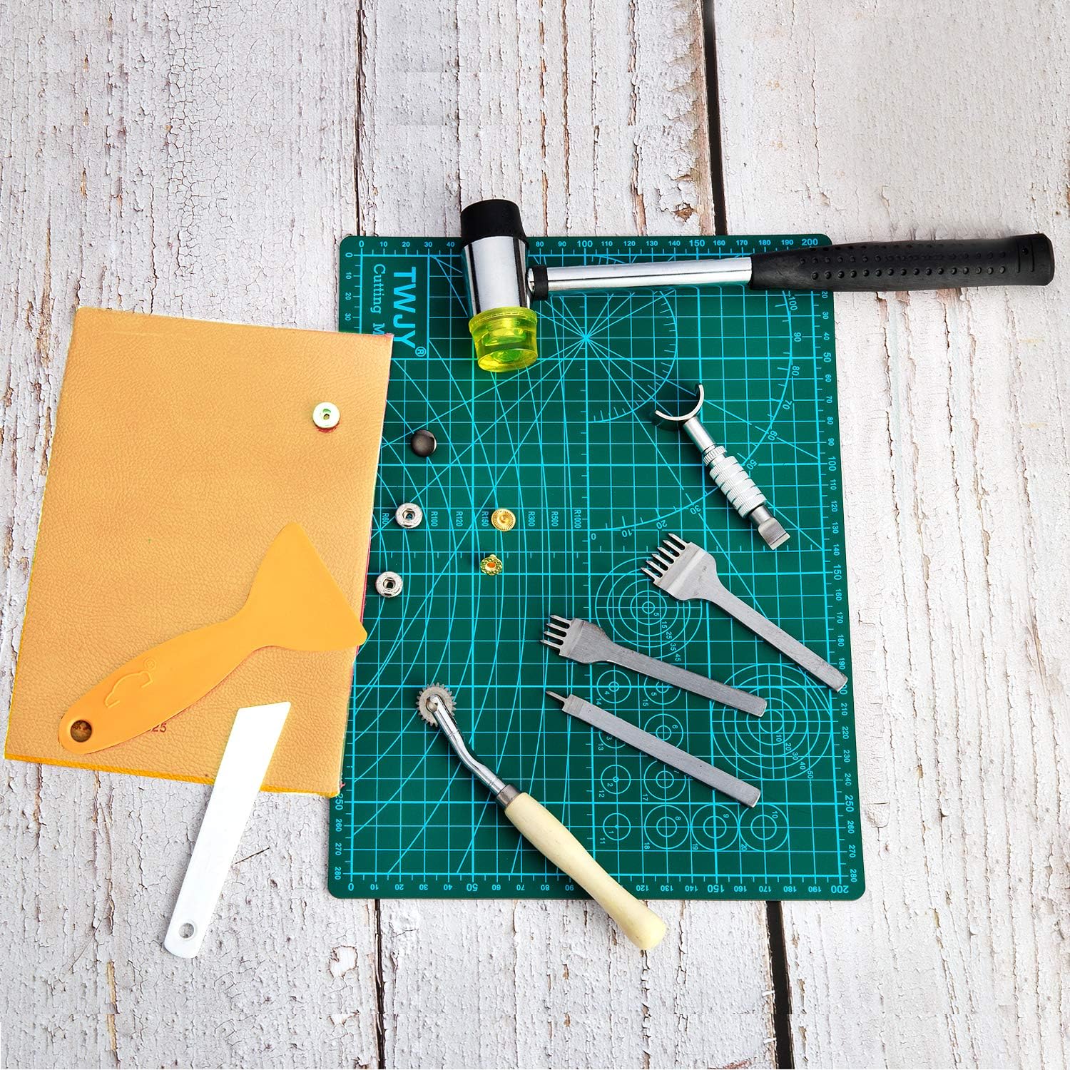 JOYPEA Leather Working Tools 195 PCS Leather Craft Stamping Tools with Cutting Mat Snaps and Rivets Kit Stitching Groover, Prong Punch for DIY Leather Craft