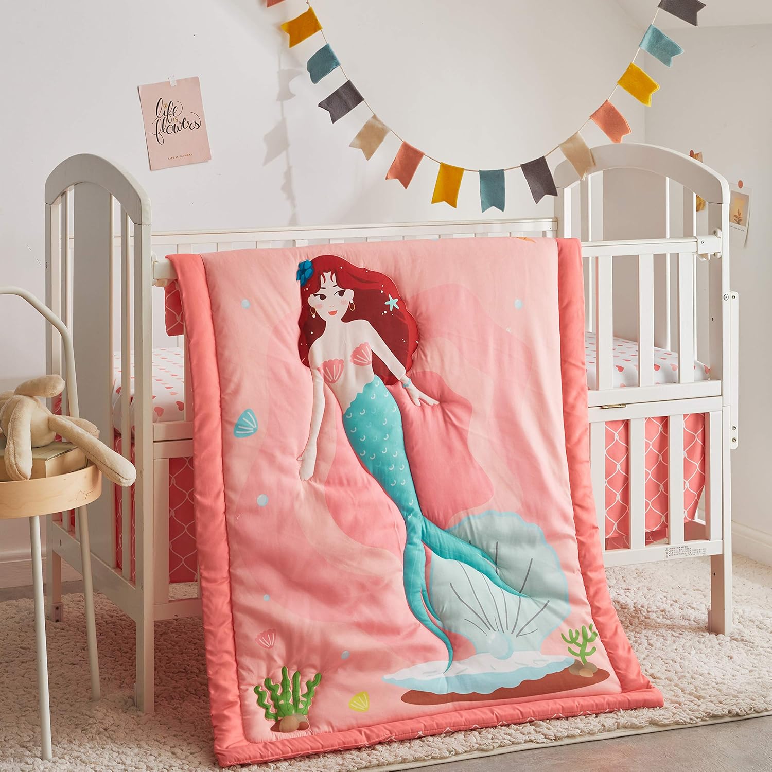 Amazon Com Flysheep 3 Piece Cute Pink Mermaid Crib Bedding Set For Girls Princess Colorful Printed With Mermaid Seaweed And Mussel Microfiber Nursery Set Includes Baby Comforter Crib Sheet And Dust Ruffle
