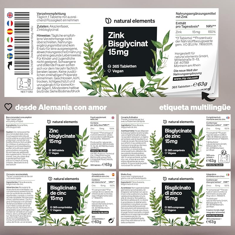 Zinc Bisglicinato 15mg - 365 comprimidos (1 año) - Para el pelo, piel, uñas y reforzar sistema inmunológico - Bisglicinato de zinc alta biodisponibilidad
