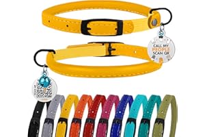 BRONZEDOG Cat Collar with Bell Kitten Rolled Leather Collars Safety QR ID Name Tag (Mustard Yellow)