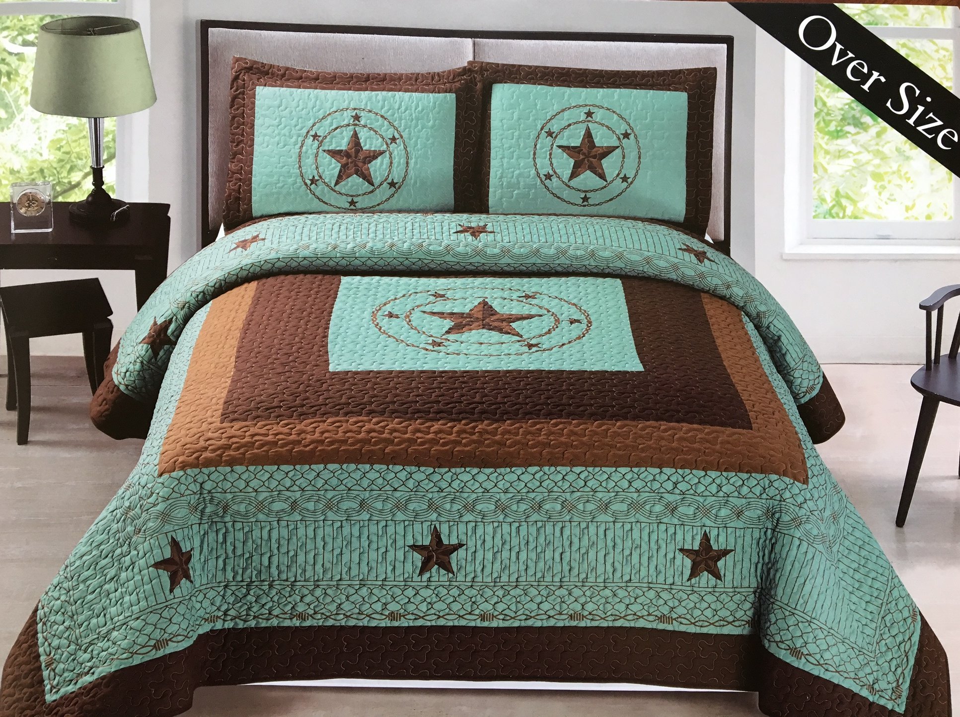 Western Star Barbed Wire King Size Quilt and Shams 3pc Set Turquoise