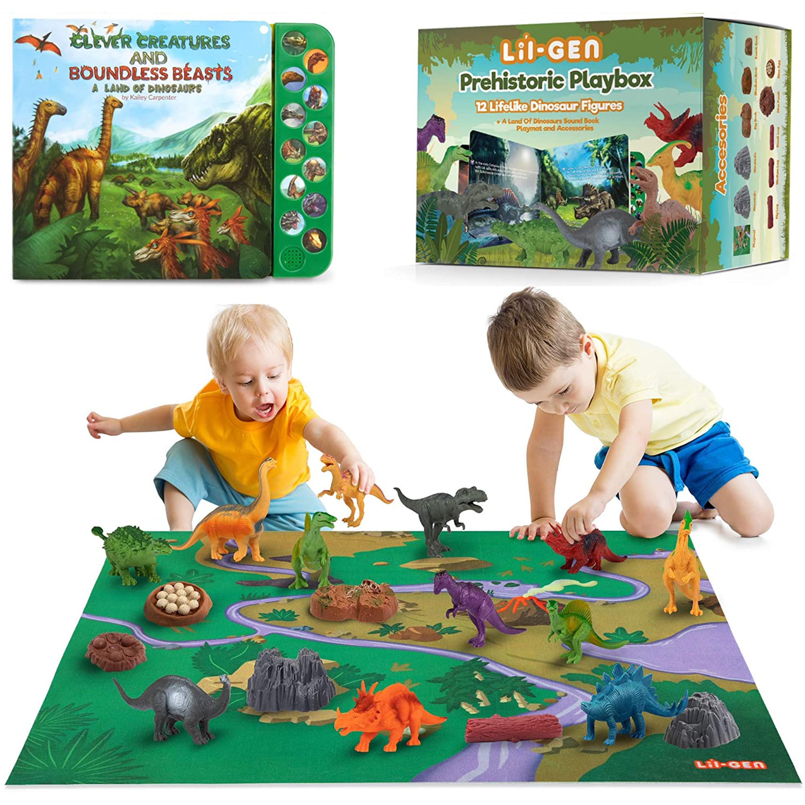 Li'l-Gen Dinosaur Toys for Boys & Girls, Kids 3+ - 12 Realistic Looking 7” Dinosaur Toy Figures with Interactive Sound Book, Activity Play Mat, Tree Figures, and Rocks - Educational Children Play Set