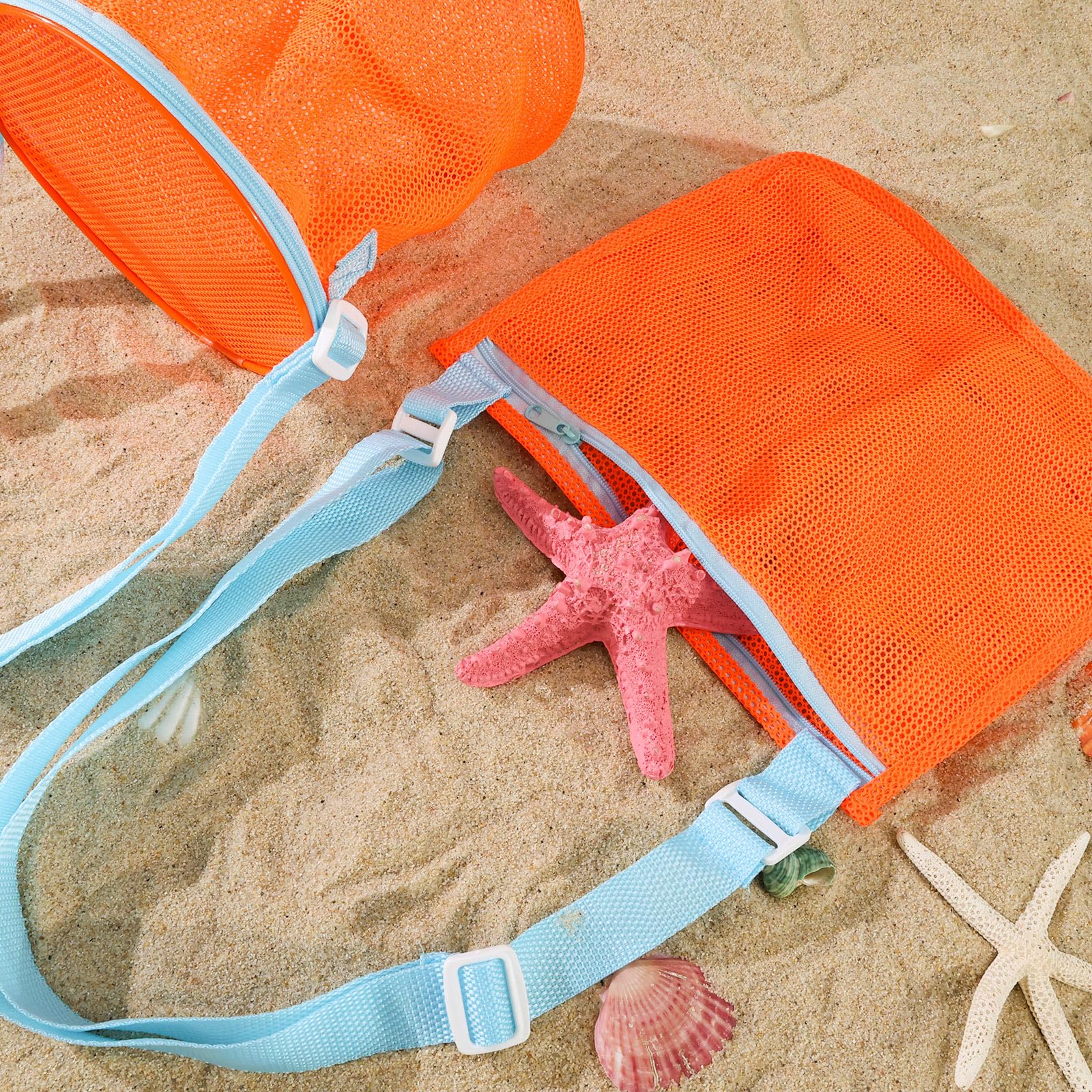 AMOR PRESENT 2PCS Shell Bags, Orange Mesh Toy Bag Shell Collecting Bag Totes with Zipper Sea Beach Toys Mesh Beach Bag Kids for Picking Up Shells Beach Sand Toy for Boys and Girls