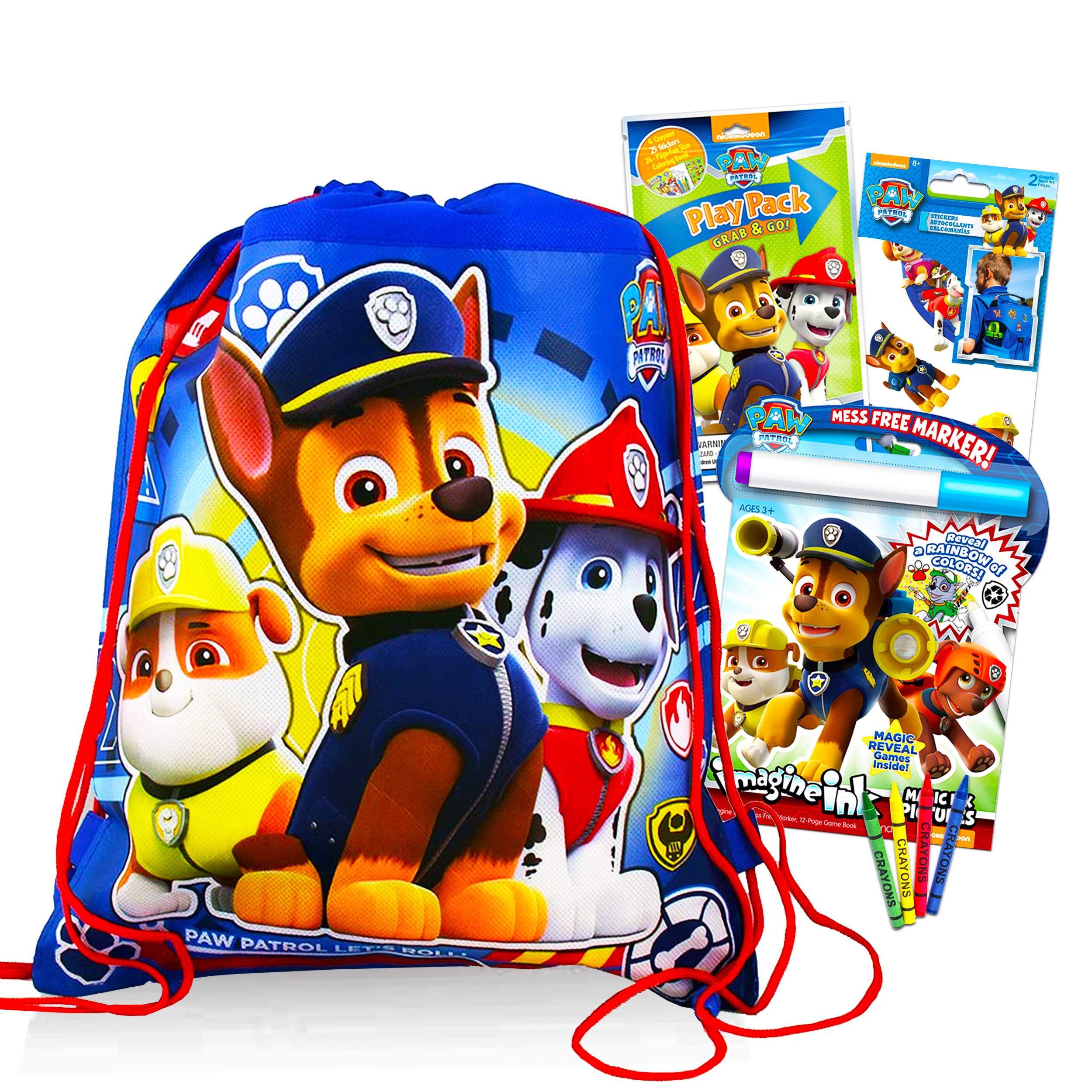 Paw Patrol Bag Set ~ Bundle of Nickelodeon Activity Set, Imagine Ink, Stickers and More | Chase Marshall and Rubble Cinch Travel Bag