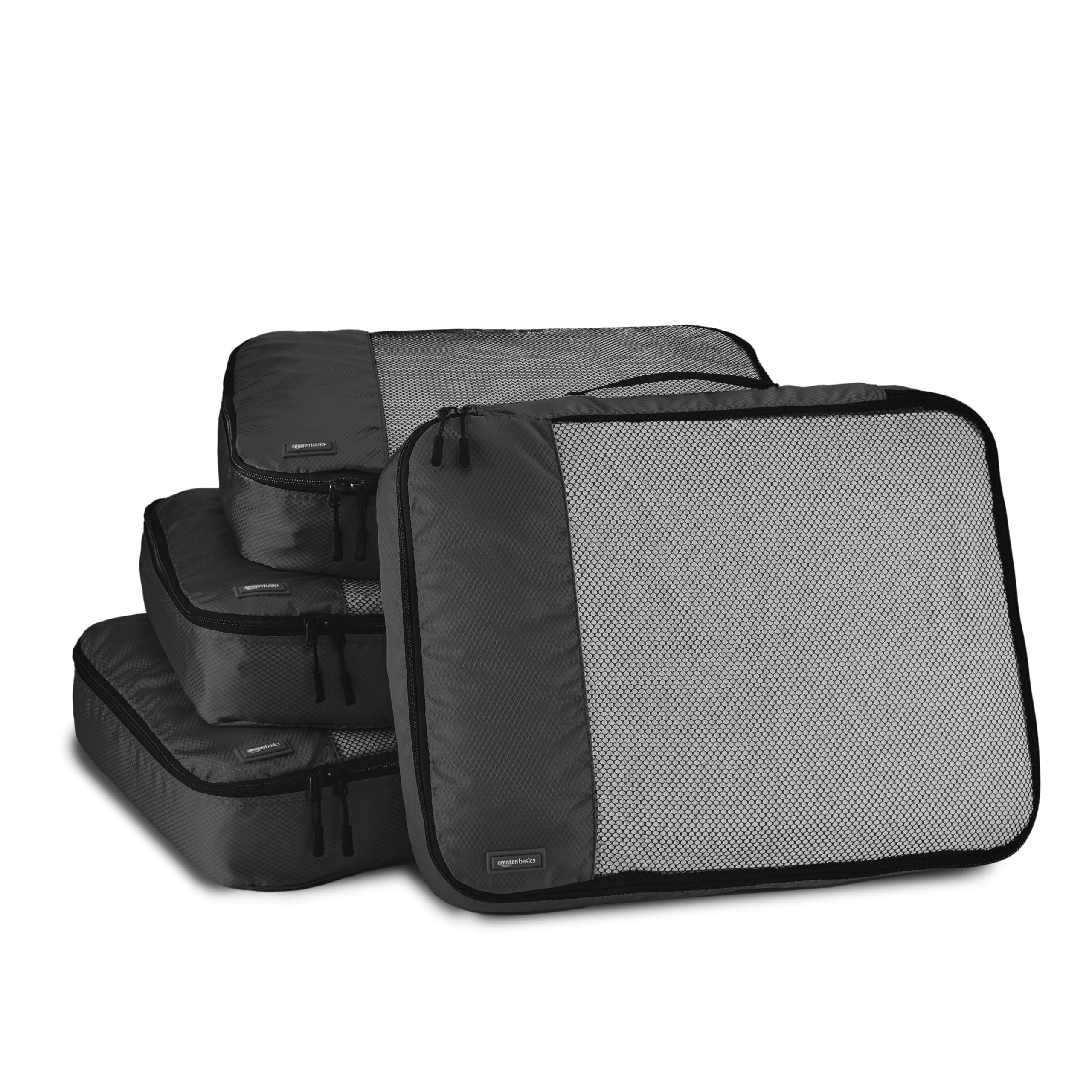 Photo 1 of Amazon Basics Large Packing Cubes for Travel, Packing Organizers, 4-Piece-Set With Double Zipper Pulls and Mesh Top Panel, 100% Durable Polyester, Black, 17.5"L x 12.8"W x 3.3"H