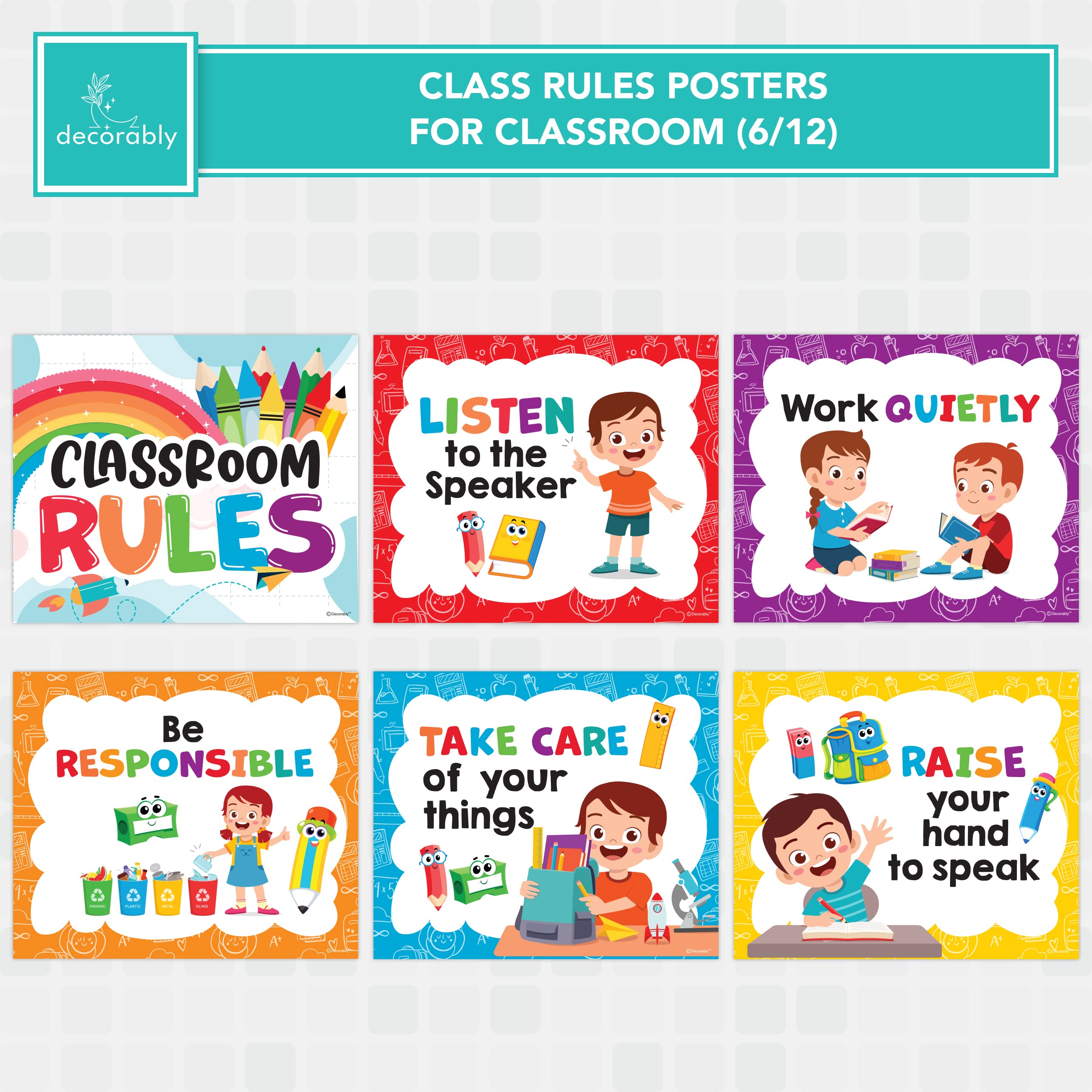 Mua Decorably 12 Hanging Colorful Classroom Rules Poster Set with ...