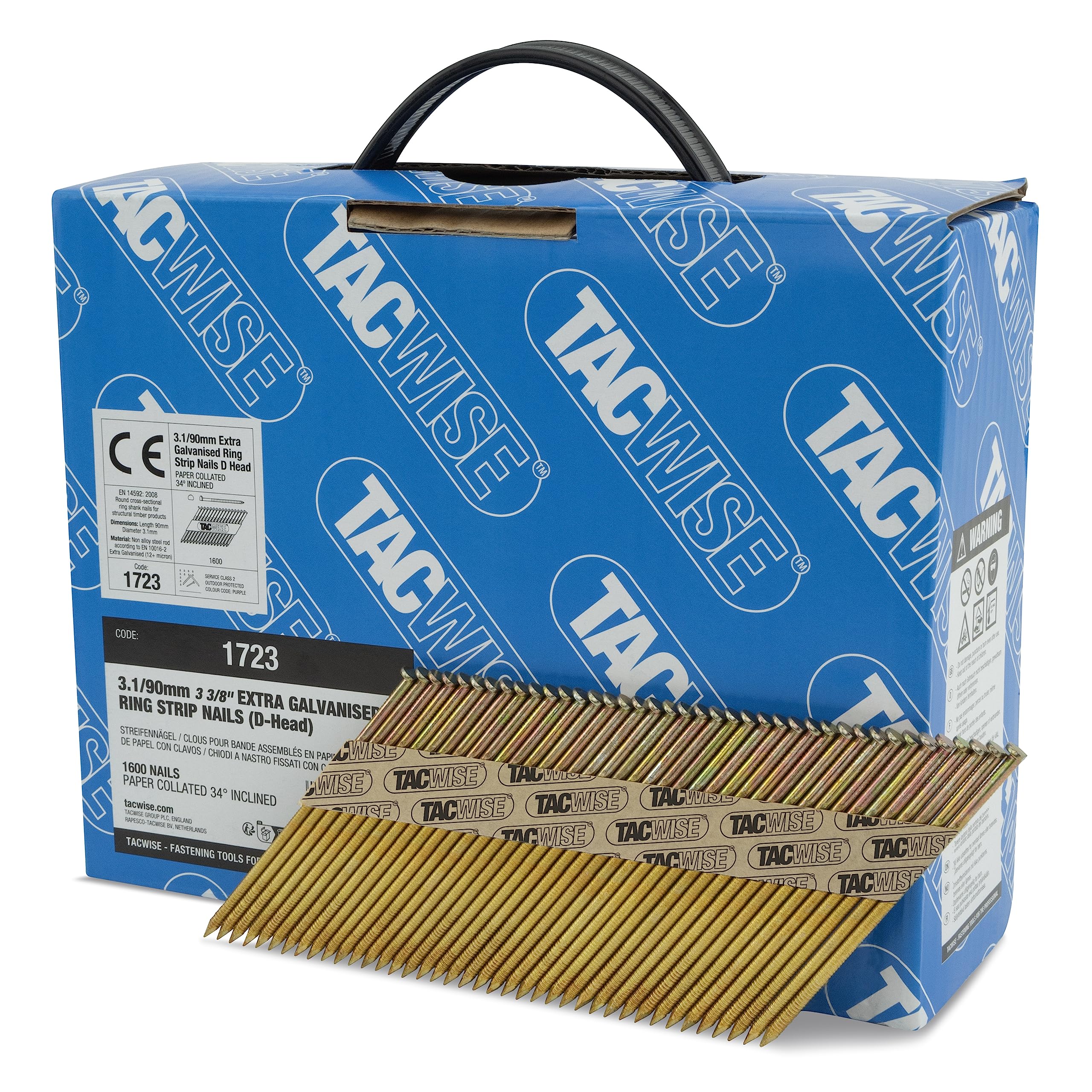 TACWISE 1723 3.1/90 mm Extra Galvanised Framing Nails, D Head, Ring Shank, 34° Inclined, Paper Collated, Pack of 1600, Silver