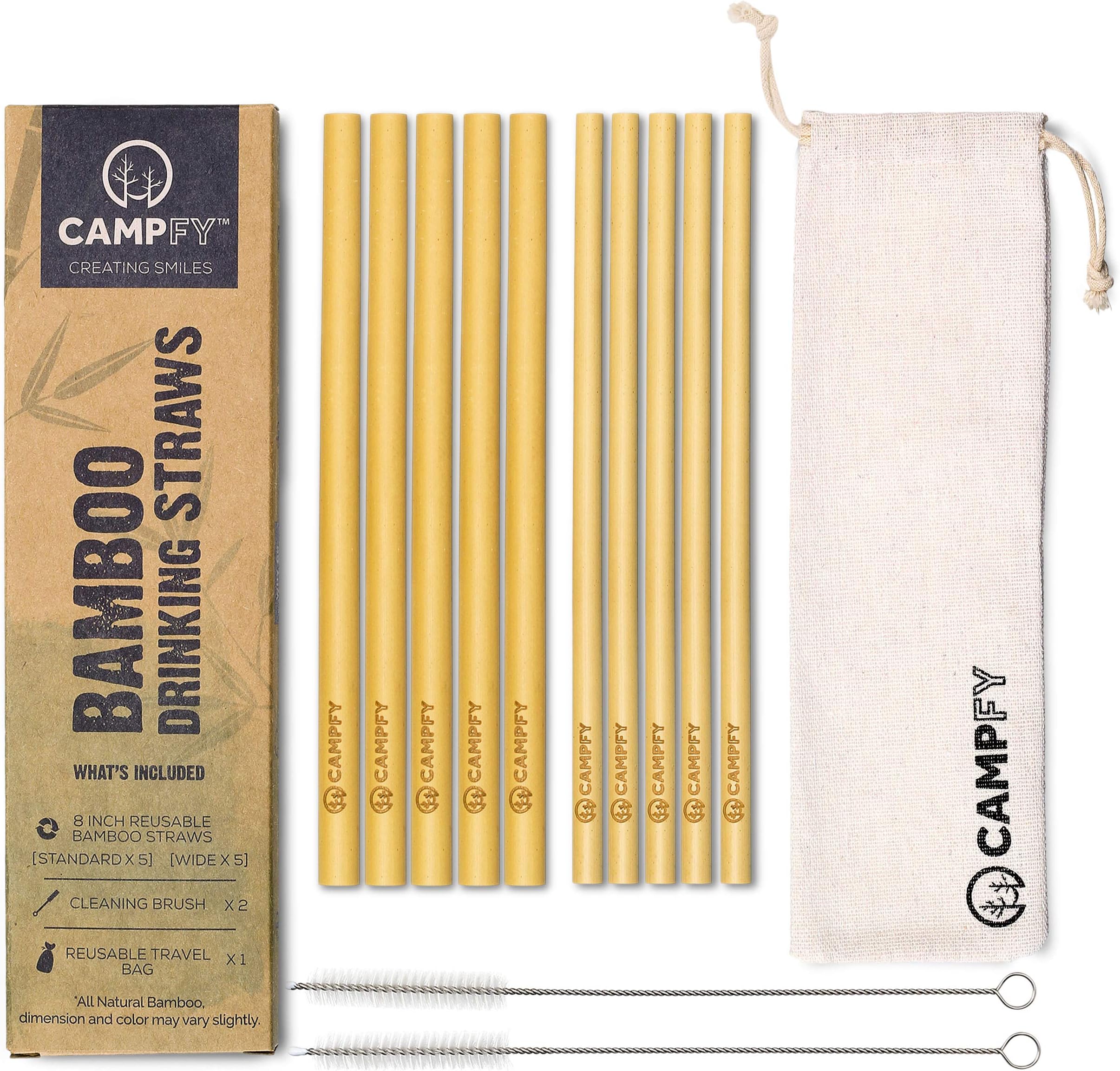 CAMPFY Bamboo Straws with 2 Cleaning Brushes & 10 Straws | Reusable & Biodegradable Drinking Straws for Reduced Plastic Consumption | Eco-Friendly & Non-Toxic | Standard & Wide Sizes (5 of Each)