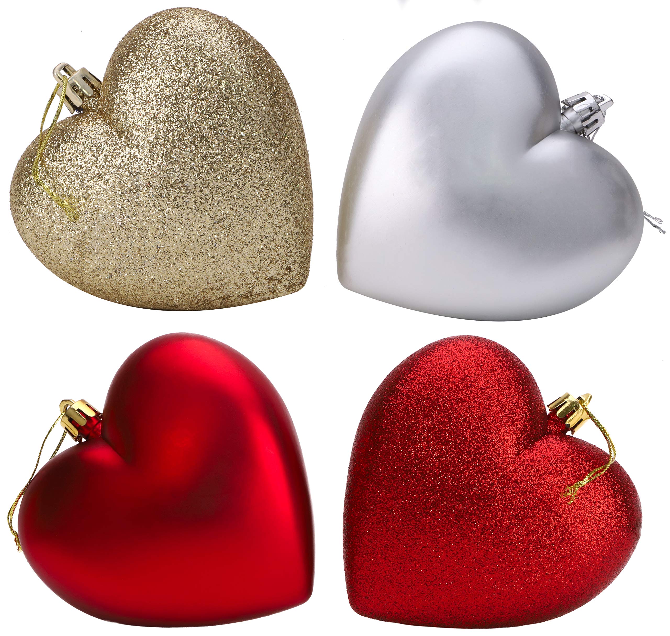 Christmas Concepts® 4-100mm Heart Shaped Baubles - Matte & Glitter Design - Christmas Decoration (Red, Silver & Gold)