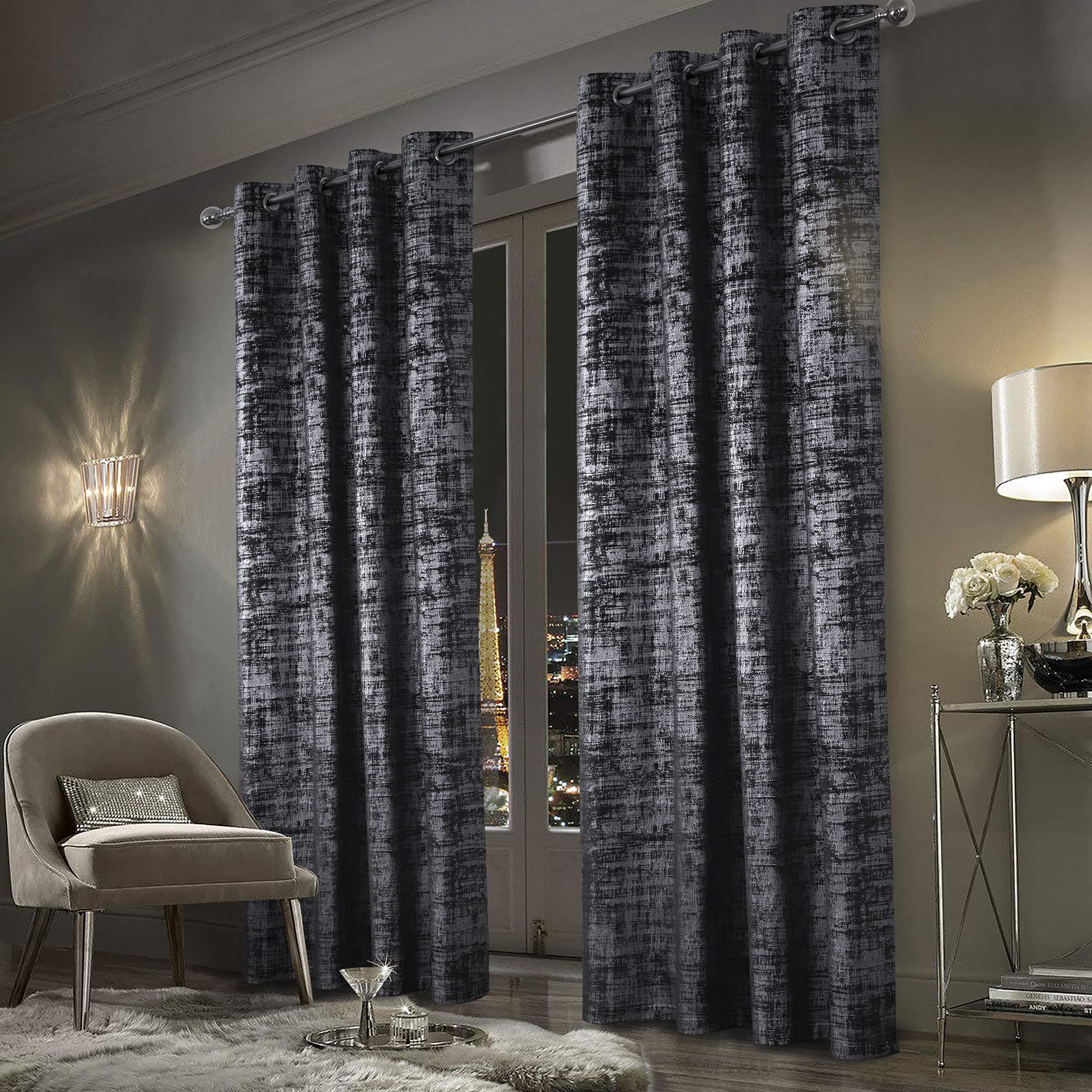 always4u Soft Velvet Curtains 100% Blackout for Window for Bedroom Thermal Silver Foil Printed Shining Luxury Window Treatment Drapes for Living Room 1 Pair Charcoal Grey 46 * 90