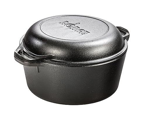 Lodge 5 Quart Cast Iron Double Dutch Oven – Pre-Seasoned – Lid Converts to 10.25" Skillet – PFAS-Free – Made in USA – Dual Handles – Oven, Grill, Campfire & Stovetop Safe – Durable & Non-Toxic