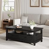 LALFPET 47 Inch Farmhouse Coffee Table, Rustic Wood Center Table with 2 Storage Drawers and Open Shelf, Rectangle Tables, Living Room, Long Cocktail Tables for Office, Parlor, Reading Room